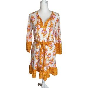 J.Crew XS Orange Pink Floral Block Print Cotton Tunic Dress Long Sleeve Belted